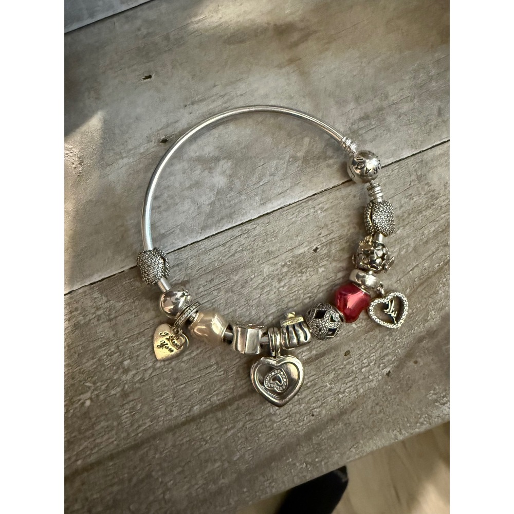 Pandora Bangle Bracelet w 12 Charms 925 ALE Sterling Silver 8 inches Authentic - Picture 2 of 9